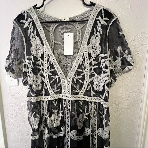 Ember Black White Sheer Unlined Lace Empire Waist Maxi Boho Romantic Dress Sz XL - Picture 4 of 13